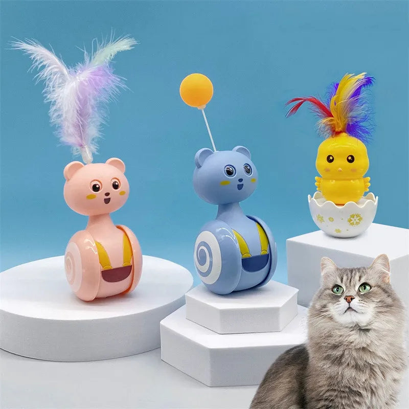 Cat Tumbler Swing Toys Interactive Feather Pet Bumbler Funny Toy Cat Rolling Teaser Balance Feather Wand Toys Rotating Ball